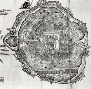 Kort over Tenochtitlan fra "Praeclara Ferdinandi Cortesii de Nova Maris Oceani Hispania Narrati
