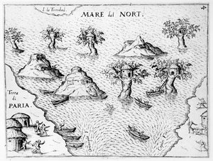 Kort over Guyanas kyst, illustration fra Regni Guianae af G. Raleigh