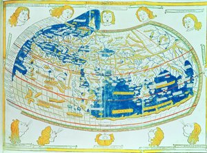 Kort over verden, baseret på beskrivelser og koordinater givet i "Geographia", af Ptolemæus (Claudius Ptolemaeus af Alexandria) (ca. 90-168 e.Kr.), udgivet i Ulm, Tyskland af German School