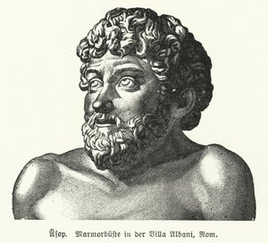 Marmorbuste af Æsop (c620-564 f.Kr.), oldgræsk fabulist (litho) af German School