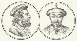 Marco Polo og Kublai Khan (gravering) af German School