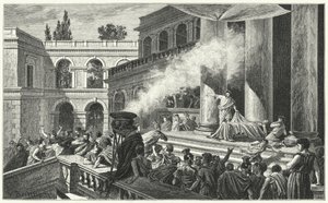 Mark Antony udløser et oprør med sin tale ved Julius Cæsars begravelse, 44 f.Kr. (gravering) af German School