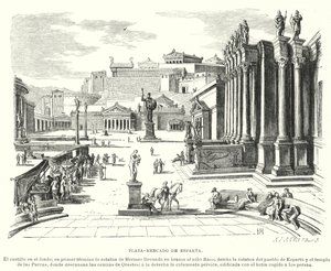Markedsplads i Sparta, det antikke Grækenland (litho) af German School