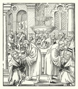 Martin Luther og Jan Hus administrerer den hellige nadver til den saksiske kongefamilie (stik) af German School