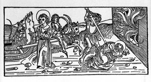 Martyrium af Sankt Polycarp af Smyrna (ca. 69-155), eveque. Gravering fra "Leben der Heiligen - Sommerteil (helgenbogen)" af Jacobus (James) af Voragine (1228-1298) af German School