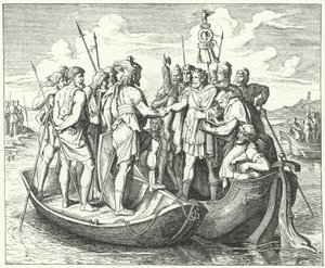 Møde mellem den romerske kejser Valens og den vestgotiske kong Athanaric ved Donau, 369 (gravering) af German School
