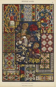 Middelalder, farvet glas (farve litho) af German School