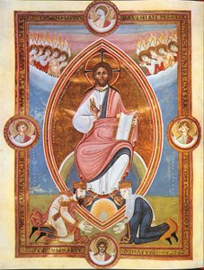 Miniature, der skildrer velsignelse af Kristus i en mandelformet aureola med kejser Conrad II og kejserinde Gisela ved hans fødder (vellum) af German School