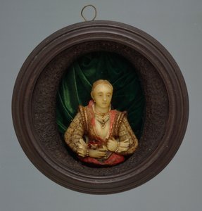 Miniatureportræt, ca. 1600 (glas, silke og træ)