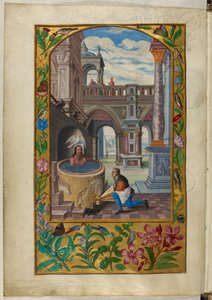 Ms Harley 3469, f.21v Mand bader i en gårdhave, den syvende lignelse, fra 