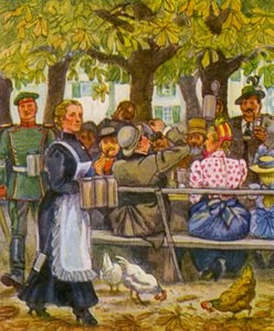 Munchener Sommerkeller / Münchens sommerkælder (farvelitografi) af German School