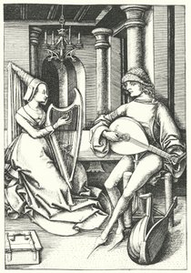 Musikere, der spiller på lut og harpe i et landsted i det 15. århundrede (gravering) af German School