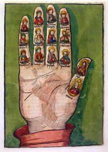 Mystisk hånd af Birgitta af Sverige, der forestiller Kristus, Jomfru Maria, apostle og andre, 1491 (håndfarvet indgravering) af German School