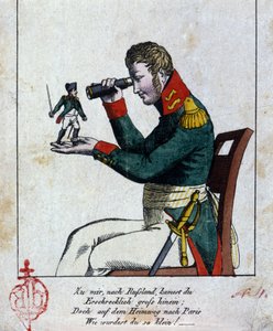 Napoleon I: det russiske felttog Hjemme, i Rusland, kom du frygtelig stor, men på vej tilbage til Paris, da du var (blev) lille! (desuden rimer det!!!) Kys. Tysk karikatur af det 19. århundrede af German School