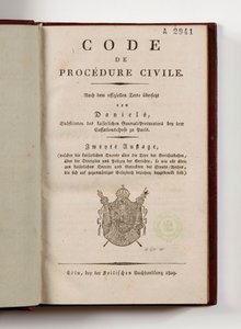 Napoleonsk retsplejelov for de franske departementer af Rhinens venstre bred, åben på titelbladet, Köln, 1809 (trykt papir) af German School