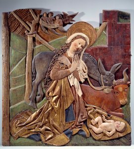 Nativitrelief på indersiden af altertavle i polykromt træ af den tyske skole. 1510 Dim. 1,12x1,11 m Paris, Musée du Louvre af German School