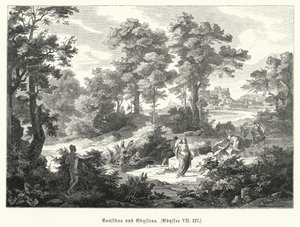 Nausicaa og Odysseus, scene fra Homers Odysseen (gravering) af German School