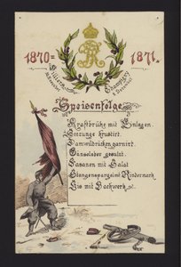 Nytårsbanketter afholdt af de besatte tyskere i Villiers og Champigny, Paris, 30. december 1870 og 2. januar 1871 (farve litho) af German School