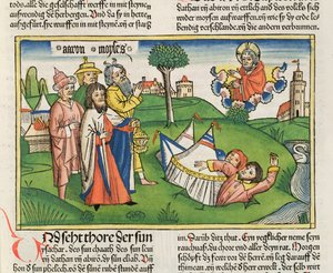 Nummer 16 32 Jorden sluger oprørerne Dathan og Abiram, fra Nürnbergbibelen (Biblia Sacra Germanaica) (farvet træsnit)