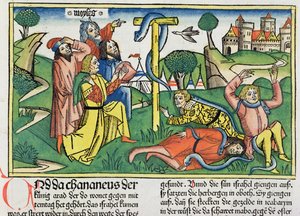 Nummer 21 4-9 Giftige slanger bider oprørske israelitter, fra Nürnbergbibelen (Biblia Sacra Germanaica) (farvet træsnit) af German School