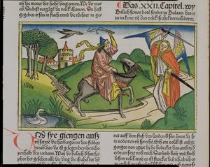Nummer 22 20-35 Bileams talende røv, fra Nürnbergbibelen (Biblia Sacra Germanaica) (farvet træsnit) af German School