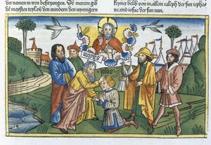 4. Mosebog 27 18-23 Moses lægger sin hånd på Joshua, fra Nürnbergbibelen (Biblia Sacra Germanaica) (farvet træsnit) af German School
