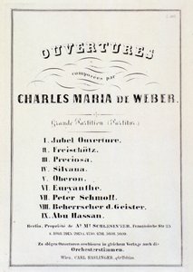 Side med præsentation af ouverturer fra forskellige operaer af Carl Maria von Weber (litho) af German School