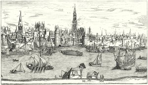 Panorama over Antwerpen i begyndelsen af det 16. århundrede (gravering) af German School