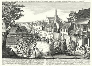 Bønder angriber ballonen af Jacques Charles og Robert Brothers, efter at den var faldet ned ved Gonesse, 27. august 1783 (gravering) af German School