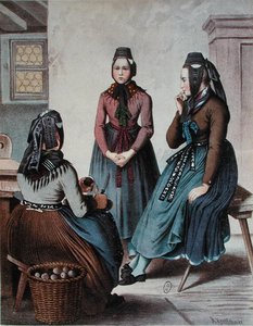 Skrælning af kartofler, midten af det 19. århundrede (farve litho) af German School