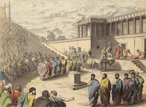 Opførelse af skuespillet Agamemnon i et teater i det antikke Grækenland (farvegravering) af German School