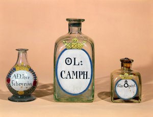 Farmaceutiske krukker til kamfer og spiritus af vin (glas) af German School