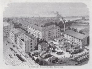 Julius Bluethners klaverfabrik, Leipzig, Tyskland (gravering) af German School