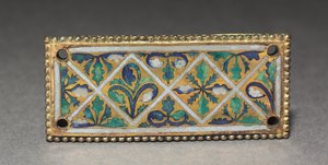 Plaque fra et relikvieskrin, ca. 1170 (forgyldt kobber, champlevé & cloisonné-emalje) af German School
