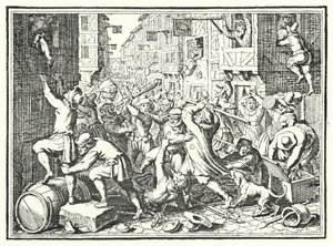 Plyndring af Judengasse, den jødiske ghetto i Frankfurt, i Fettmilch-oprøret, 1614 af German School