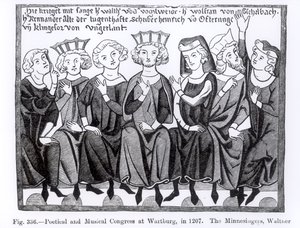Poetisk og musikalsk kongres, Wartburg, 1207, illustration fra videnskab og litteratur i middelalderen og renæssancen, skrevet og indgraveret af Paul Lacroix, 1878 af German School