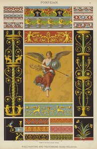 Pompeiansk, vægmaleri og polykrom Basso-Relievo (farve litho) af German School