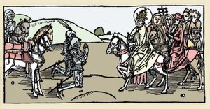 Pave Leon I møder Attila og Arrete - Barbarinvasioner - Indgravering fra "Leben der Heiligen - sommerteil" (Den helliges Bog) af Jacobus (James) af Voragine (1228-1298). Lübeck 1488. af German School