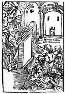 Portræt af Albertus Magnus med nogle af hans elever, illustration til titelbladet til Epitomata, reparationer eller hele Aristoteles