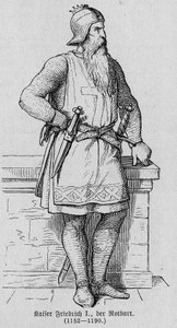 Portræt af Frederic I af Hauhenstaufen kendt som Frederic Barberousse (1122-1190), tysk romersk kejser. Indgravering i "" Kaiser, Konig und Papft"" af Richard Roth af German School