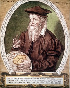 Portræt af Gerhard Kremer dit Gerardus Mercator (1512-1594). Falsk titel på den første udgave af Atlas. af German School