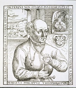 Portræt af Theophrastus Paracelsus (1493-1541), kopi af en illustration fra hans bog Astronomica et Astrologica Pouscula, Köln 1567, brugt i en magihistorie, udgivet i slutningen af det 19. århundrede (woodc af German School
