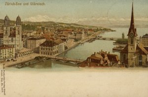 Postkort, der viser en generel udsigt over byen Zürich af German School