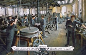 Postkort forestillende Karl Krause fabrikken i Leipzig, ca. 1905 (farvet foto) af German School