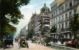 Postkort forestillende Unter den Linden og Kranzler-Eck i Berlin, ca. 1910 (farvet foto) af German School