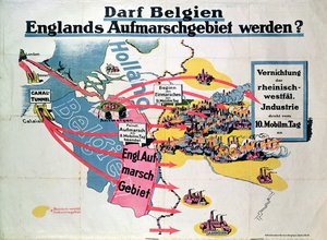Plakat, der udtrykker tysk bekymring over den foreslåede konstruktion af en Kanaltunnel, der forbinder Belgien og England, ca. 1914-18