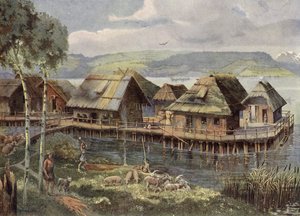 Forhistorisk europæisk landsby ved søen (farvelitografi) af German School