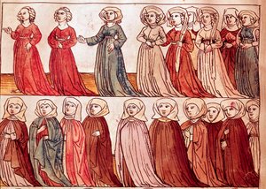 Optog af kvinder fra Boheme. Miniature fra "Krøniken fra Konciliet i Konstanz" af Ulrich Richental (1360-1437) 1438 ca. Prag, nationalbibliotek af German School