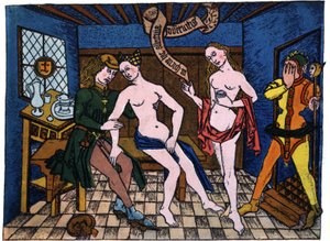 Prostitution i det 15. århundrede (kobberstik) af German School