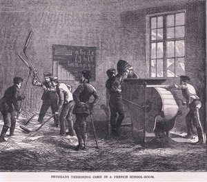 Preussere, der tærsker majs i en fransk skolestue, Cassells History of the War between France and Germany udgivet af Cassell and Company Limited, ca. 1890 (litho) af German School